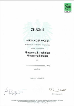 Zeugnis für Photovoltaik Techniker und Planer